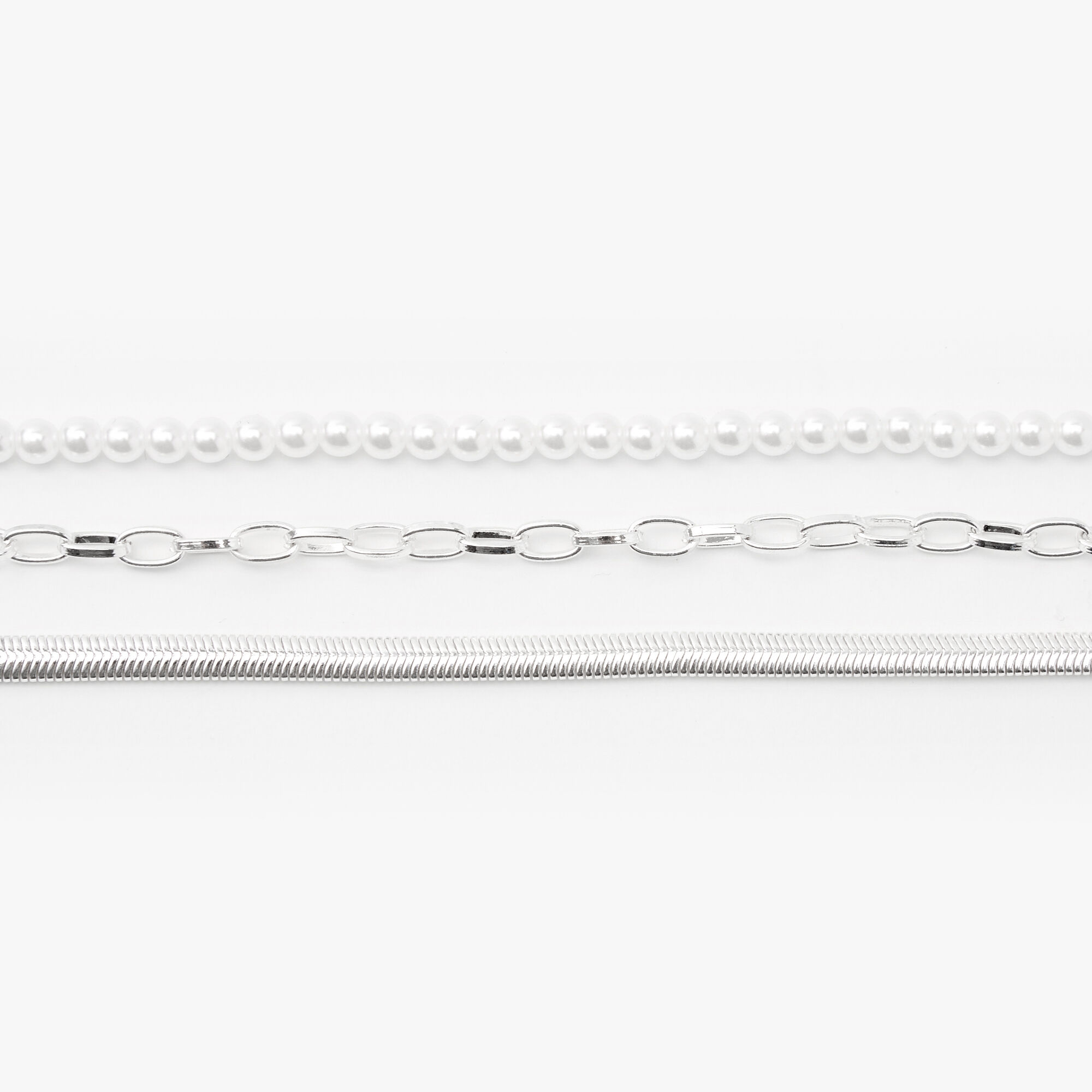 Silver Pearl Snake Chain Bracelets - 3 Pack,