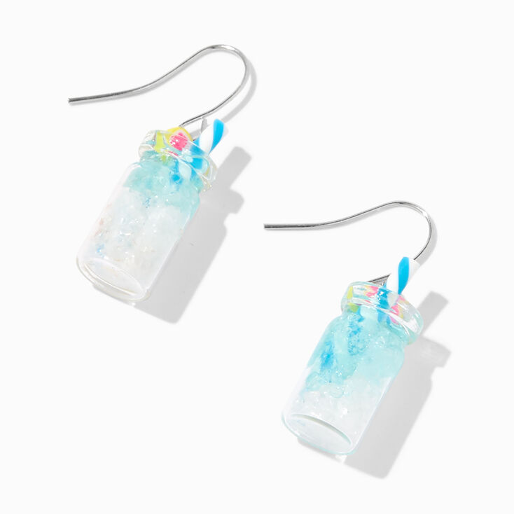 Silver 1&quot; Blue Lemonade Drink Drop Earrings,