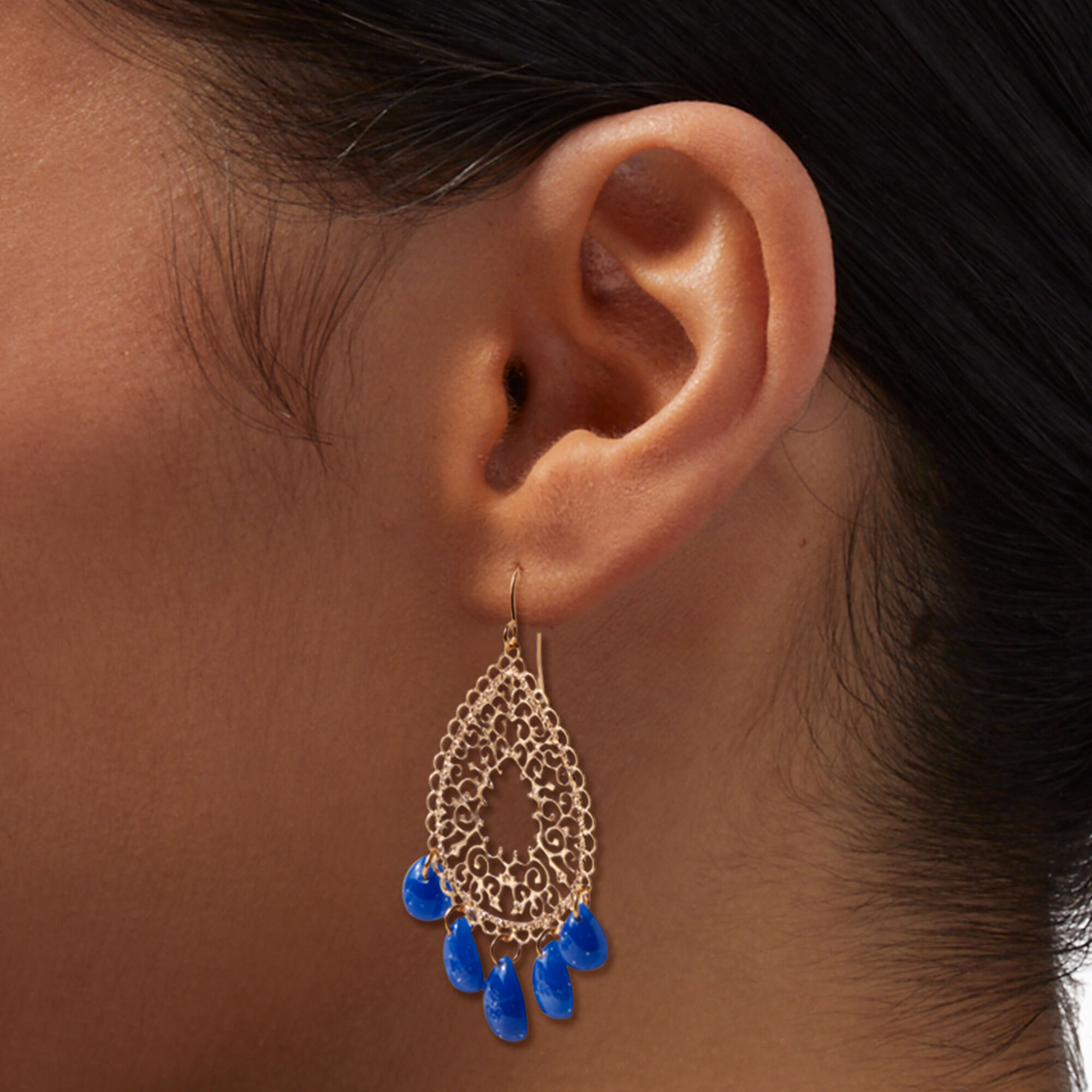 Blue Lapis Gold-tone Filigree Teardrop 2" Drop Earrings ,