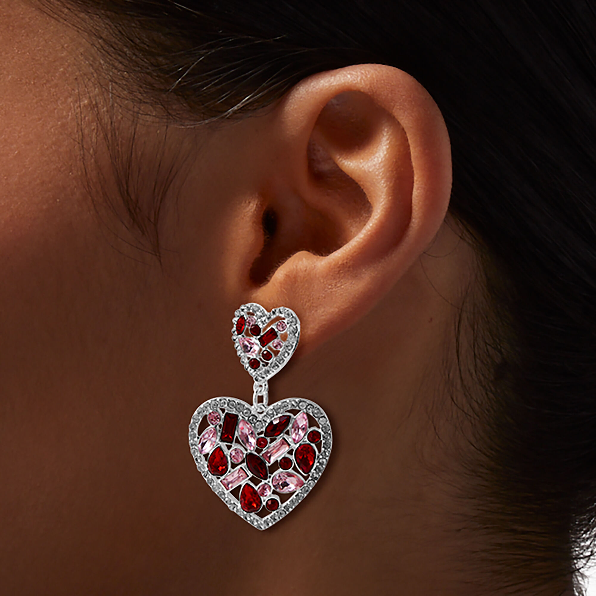 Valentine's Day Rhinestone-Covered Heart Drop Earrings,