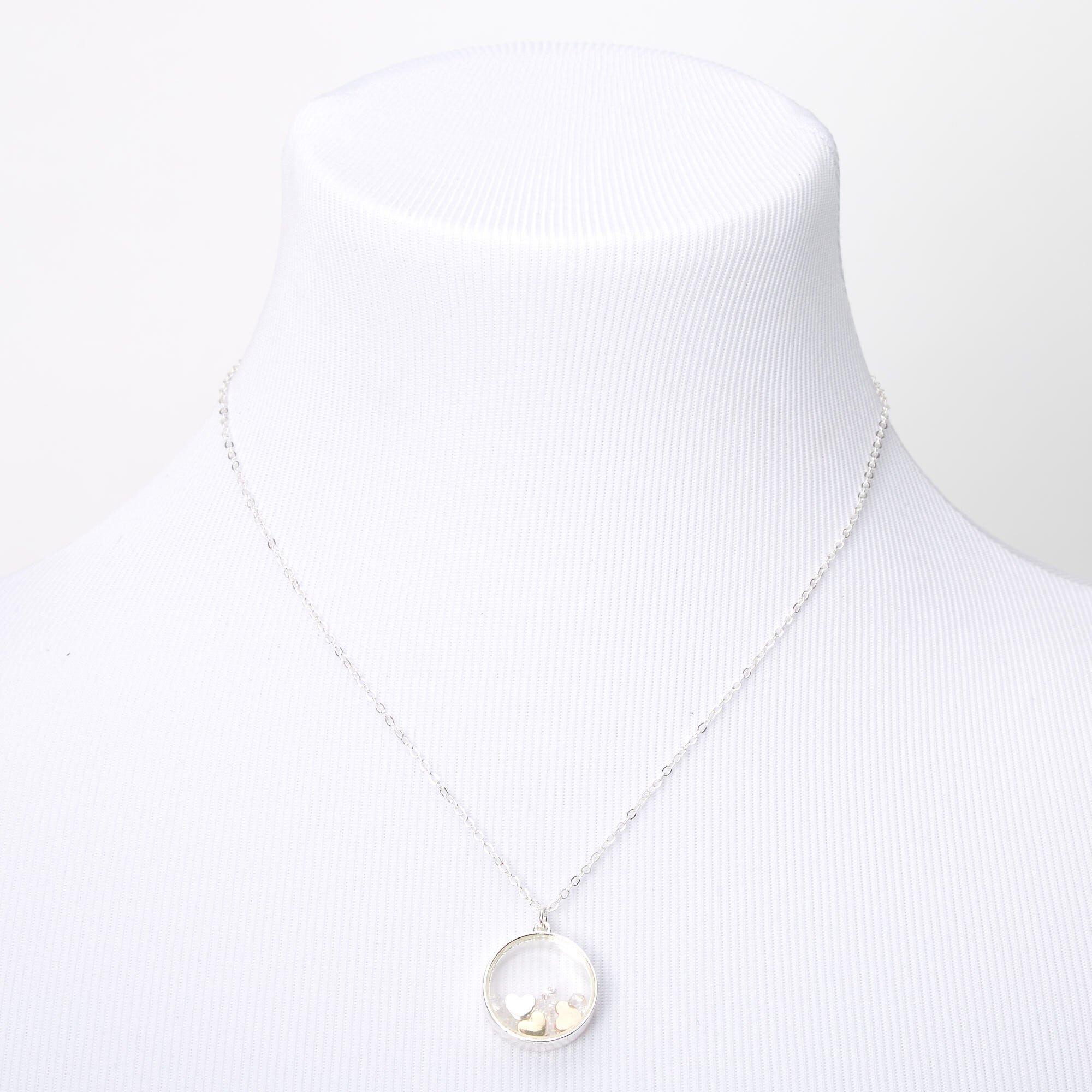 Silver Floating Hearts Circle Ring Pendant Necklace,