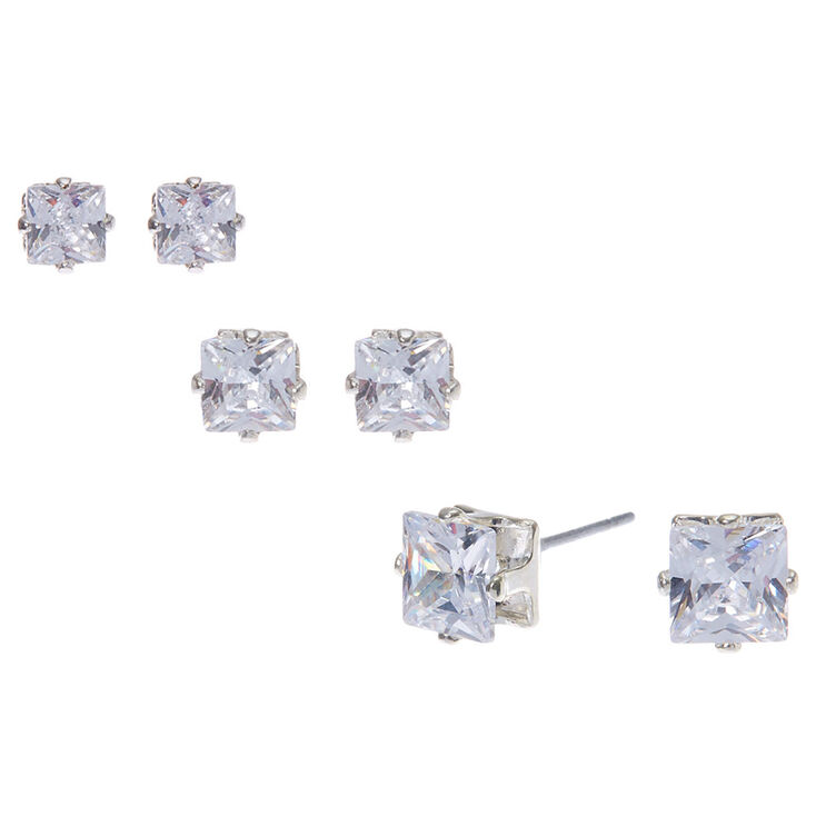Silver-tone Cubic Zirconia 3mm, 4mm, &amp; 5mm Square Stud Earrings - 3 Pack,