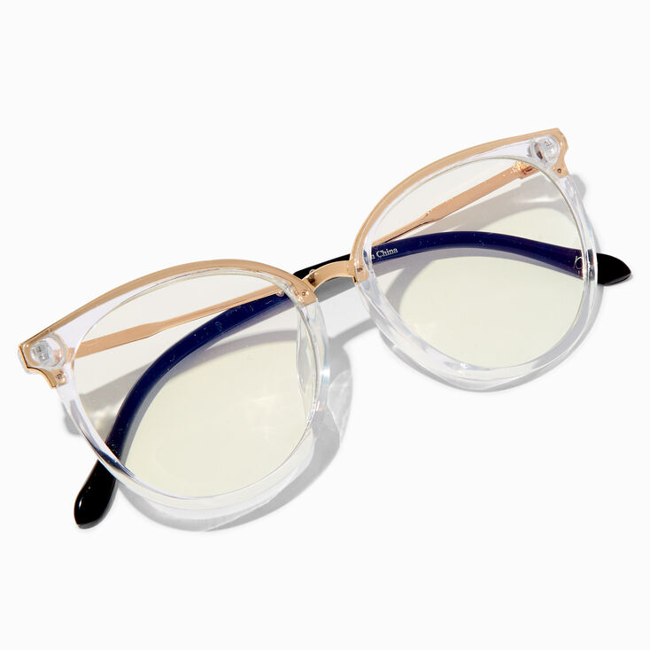 Lunettes &agrave; verres transparents rondes &agrave; monture barre de sourcils couleur dor&eacute;e avec r&eacute;duction de la lumi&egrave;re bleue,