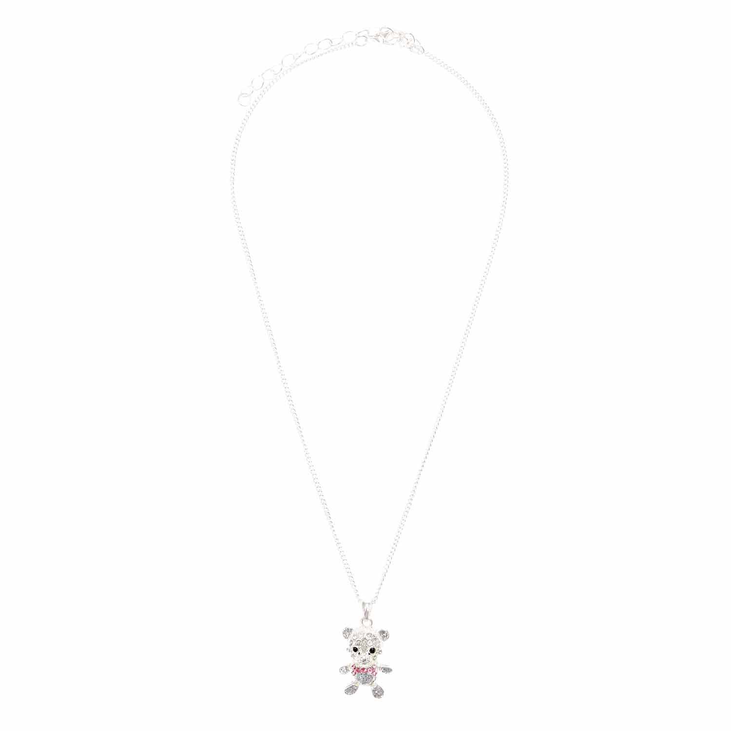 Silver Embellished Teddy Bear Pendant Necklace,
