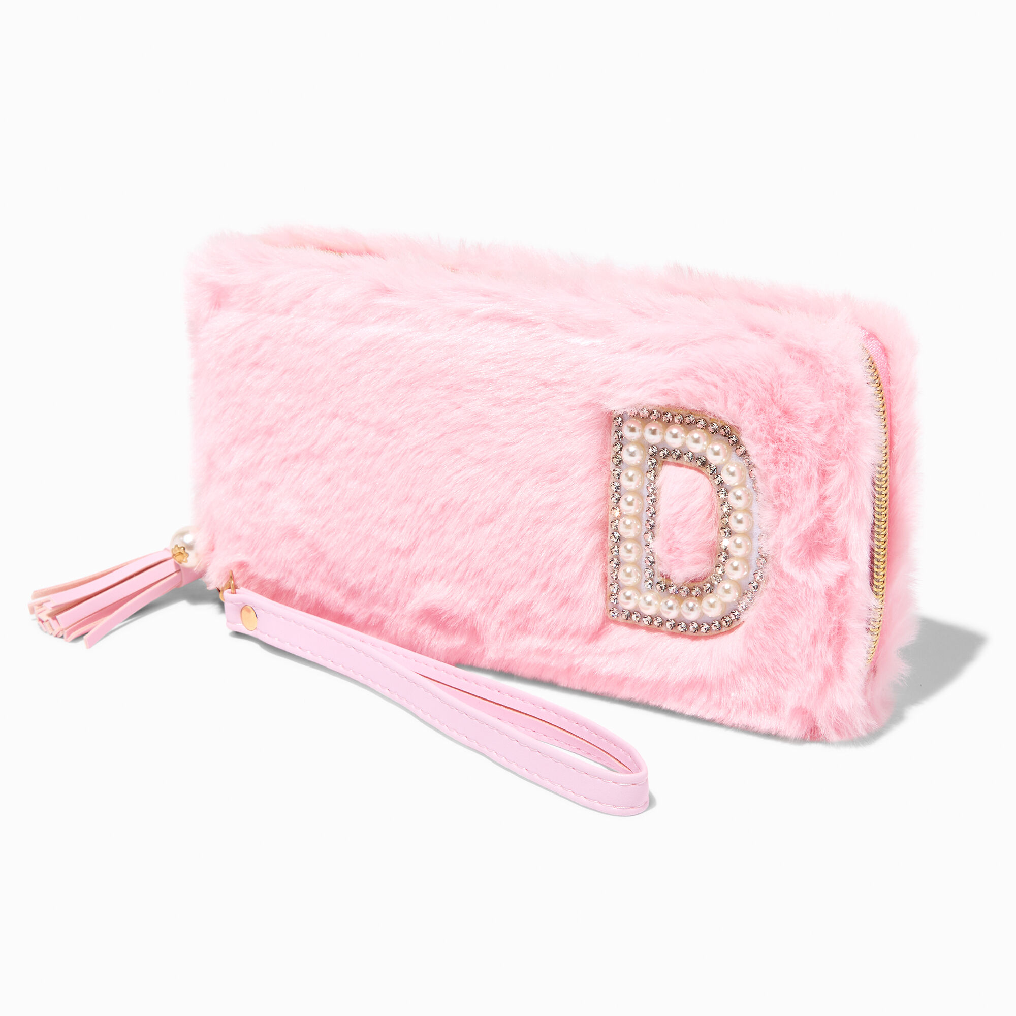 Pink Furry Pearl Initial Wristlet Wallet - D,
