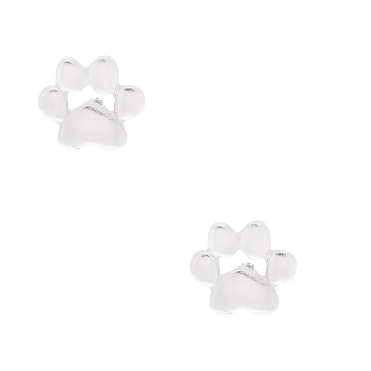 Sterling Silver Dog Paw Stud Earrings - Silver,