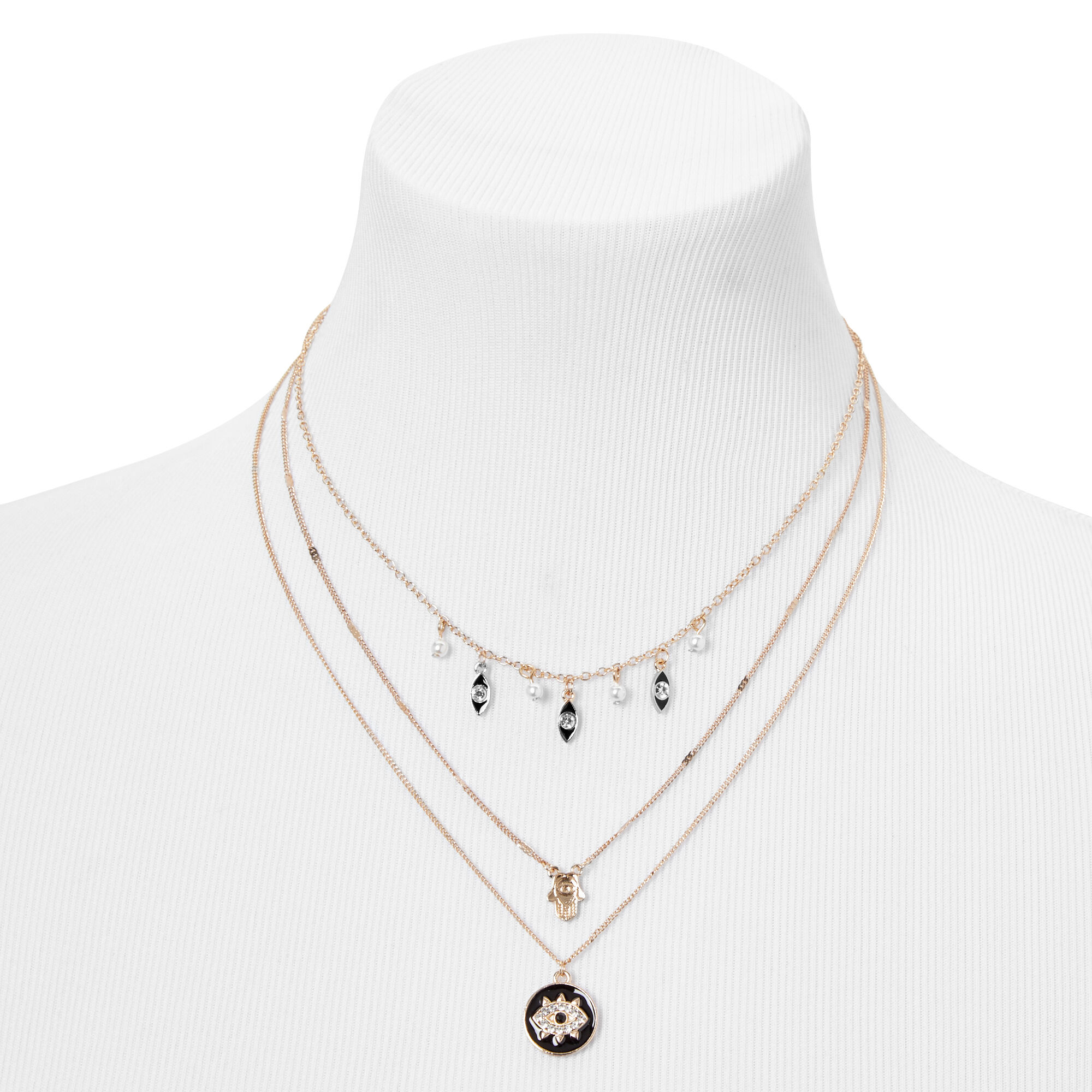 Black Evil Eye & Hamsa Gold Multi-Strand Necklace,