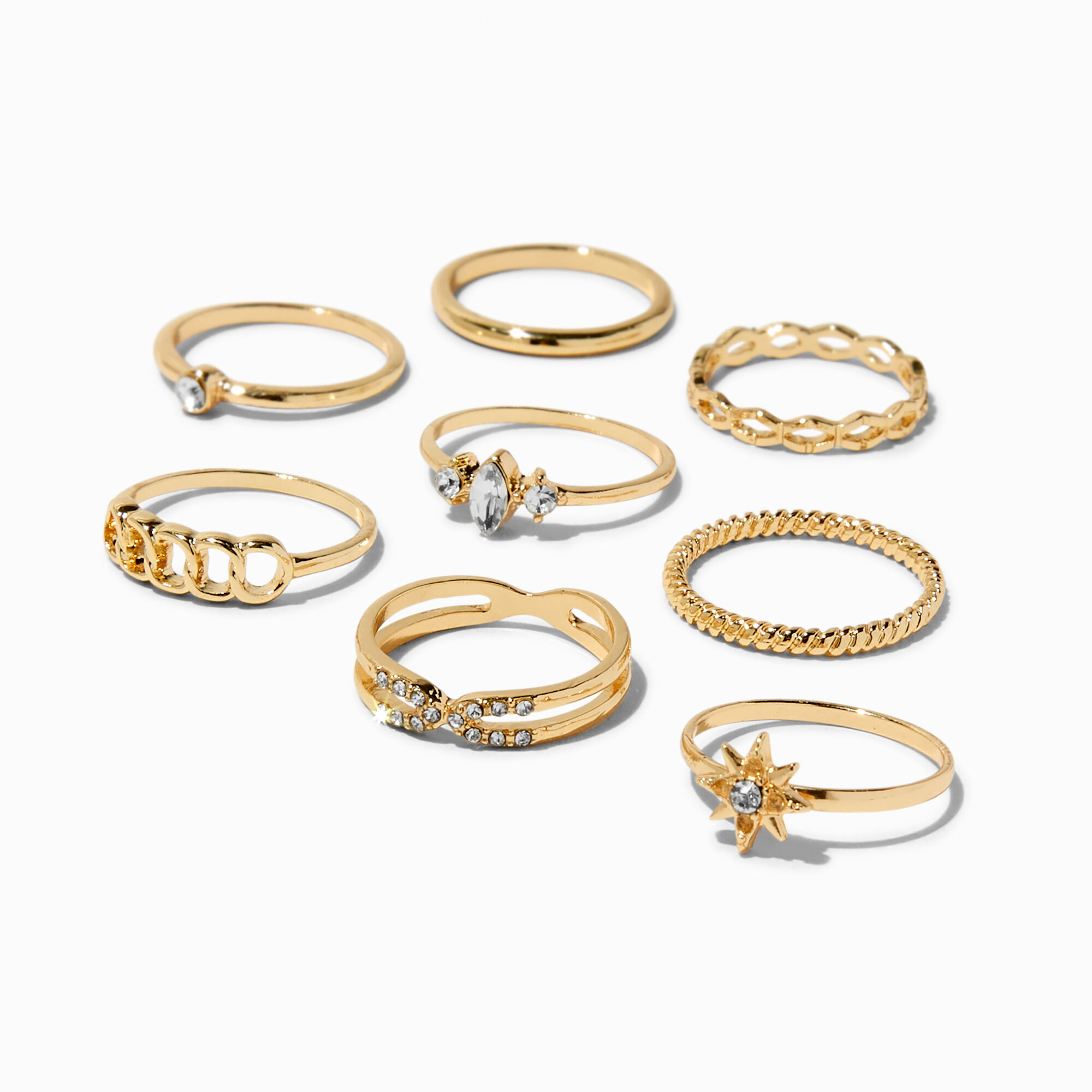 View Claires Tone Geometric Celestial Ring Set 8 Pack Gold information