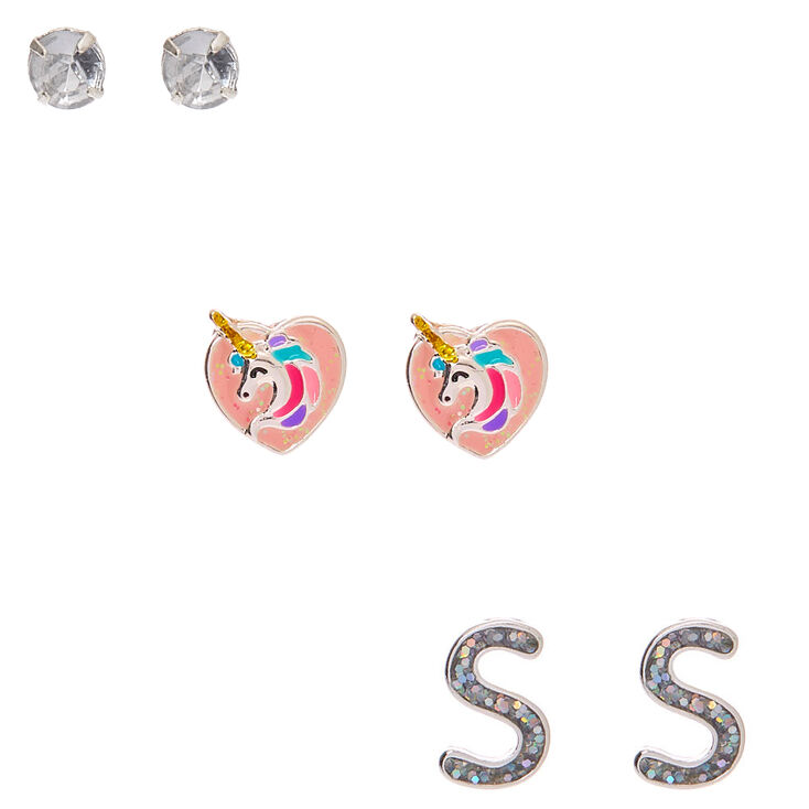 Miss Glitter The Unicorn Initial Stud Earrings S 3 Pack Claire S