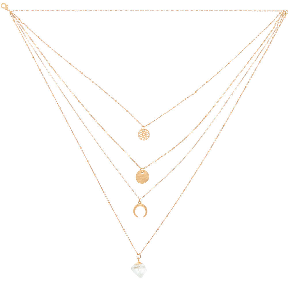 Gold Healing Crystal Moon Multi Strand Necklace,