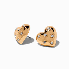 Gold-tone Puffy Heart Crystal Stud Earrings ,