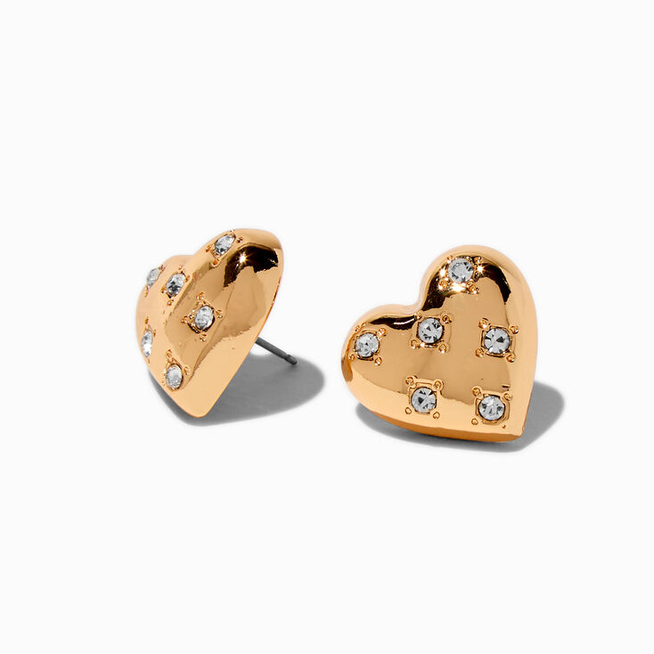 Gold-tone Puffy Heart Crystal Stud Earrings ,