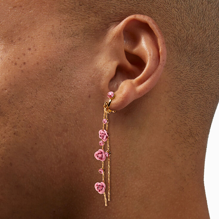 Pink Carved Roses Vine 3&quot; Clip-On Drop Earrings,