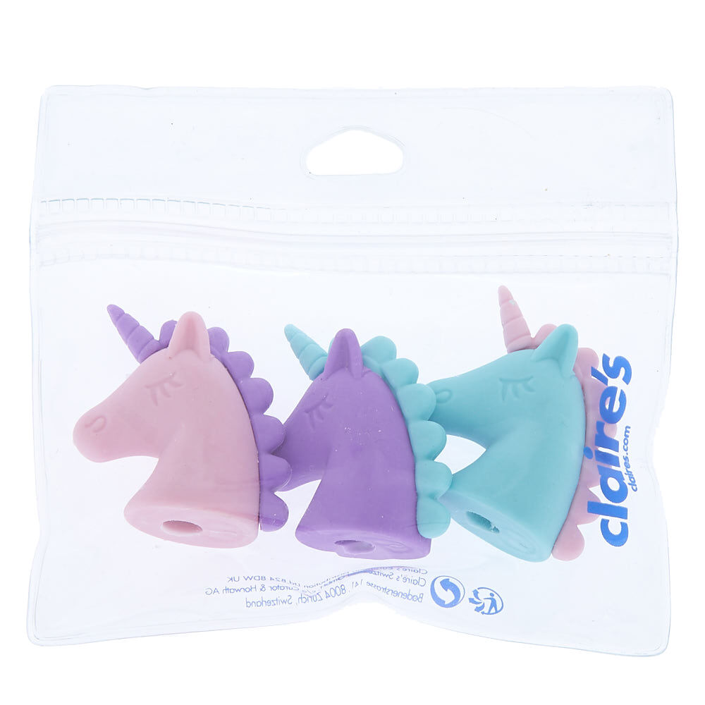 Lot de 3 gommes têtes de licornes pastel,