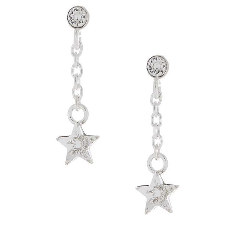 Sterling Silver 1&quot; Cubic Zirconia Star Drop Earrings,