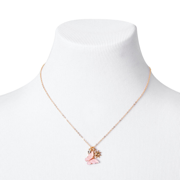 Pink Butterfly Sun Crystal Pendant Necklace,