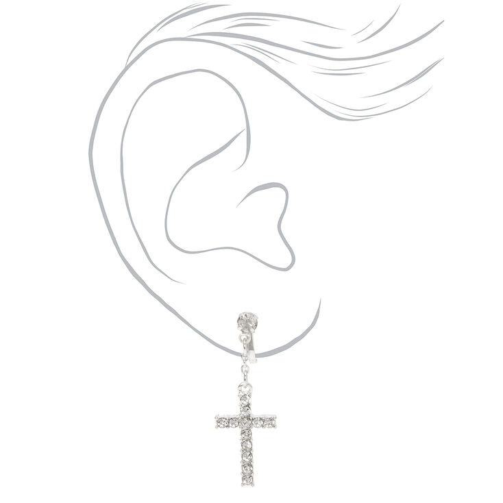 Silver-tone Embellished Cross Clip-On 1.5&quot; Drop Earrings,