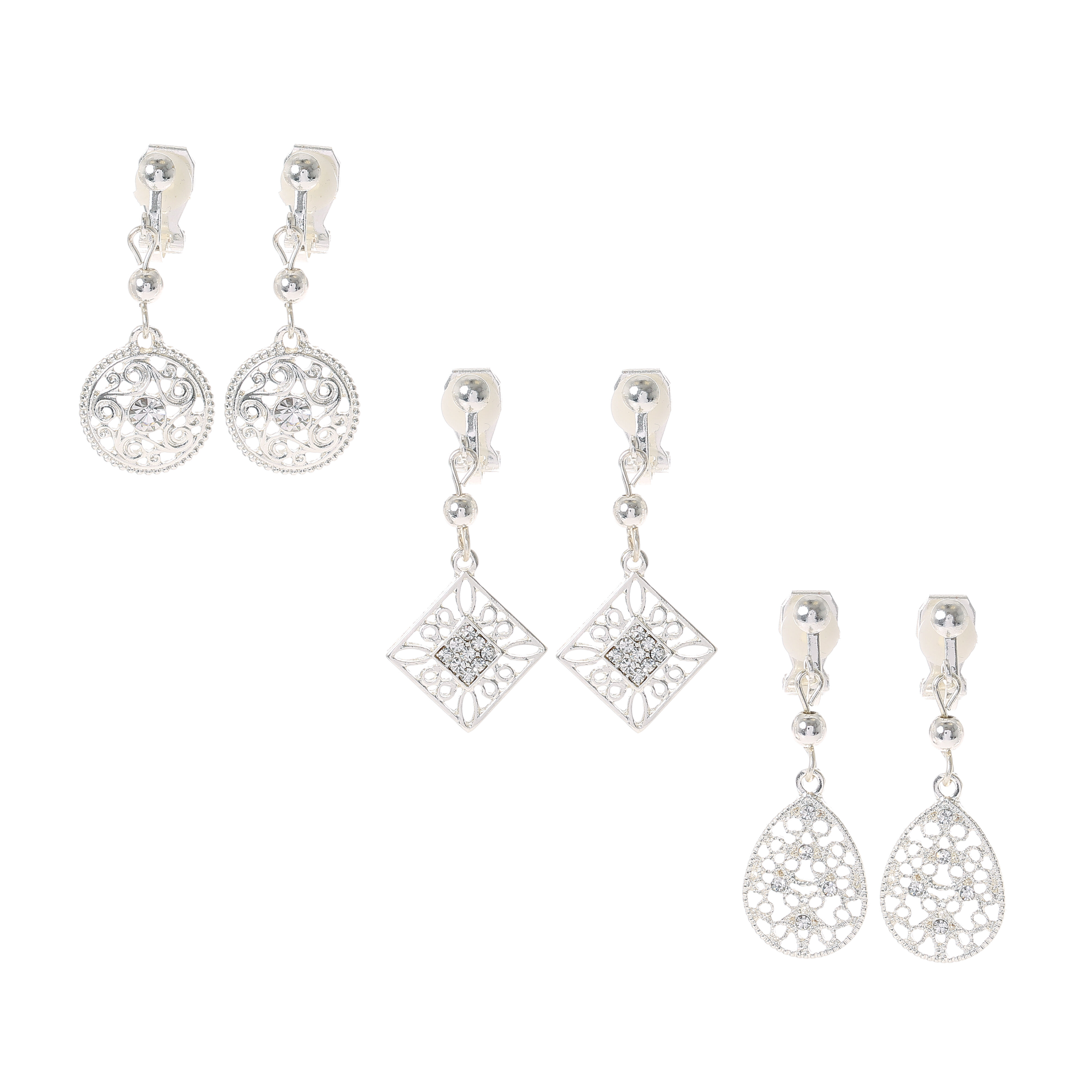 3 Pack Clip On Crystal Filigree Drop Earrings,
