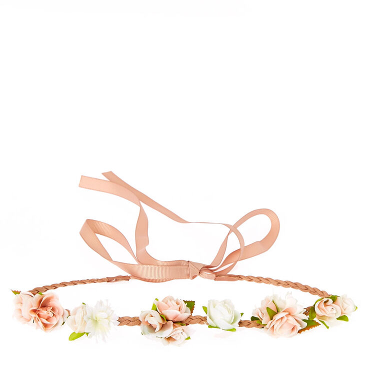 Bandeau tress&eacute; &agrave; fleurs roses et blanches,