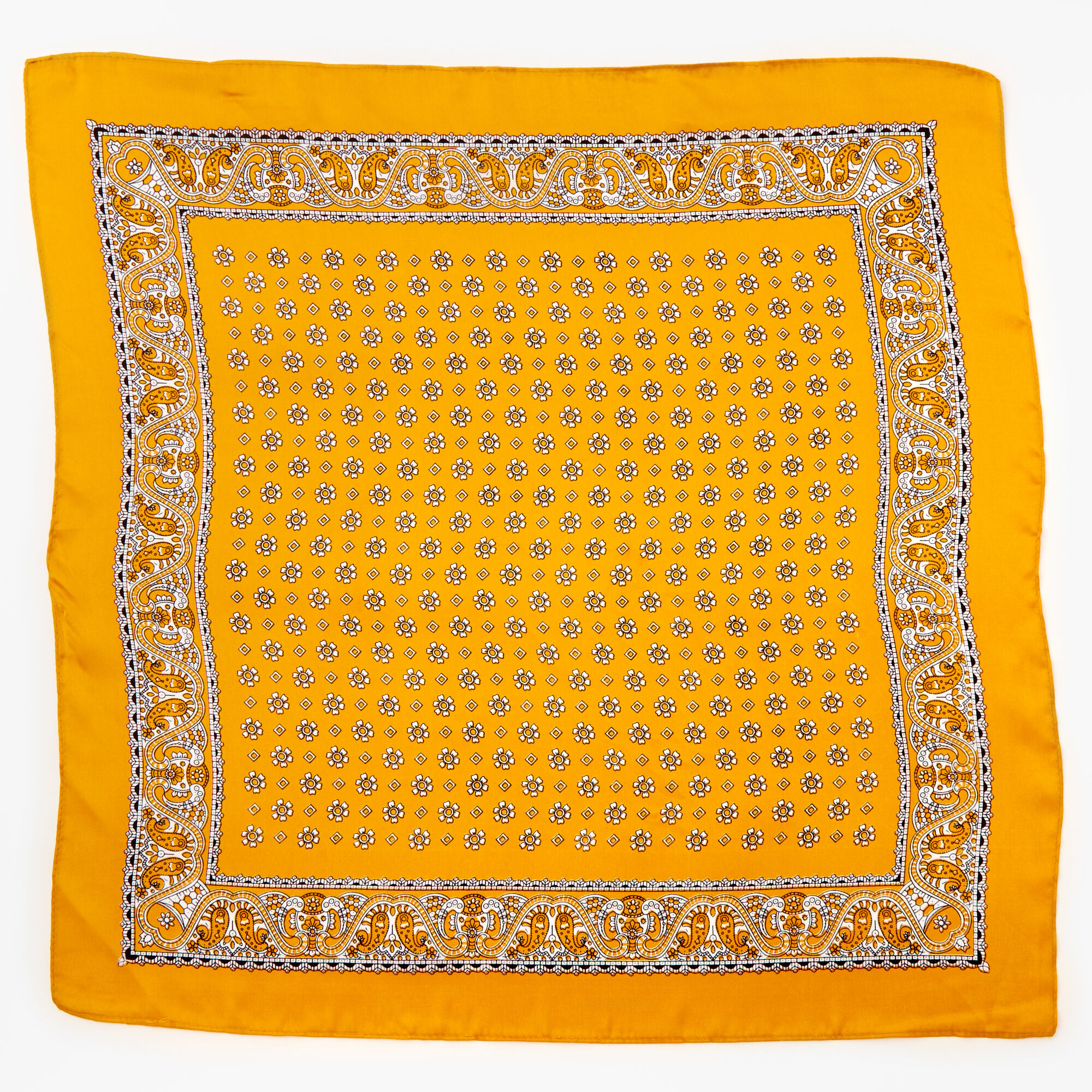 Bandeau bandana soyeux imprimé floral et cachemire - Jaune moutarde,