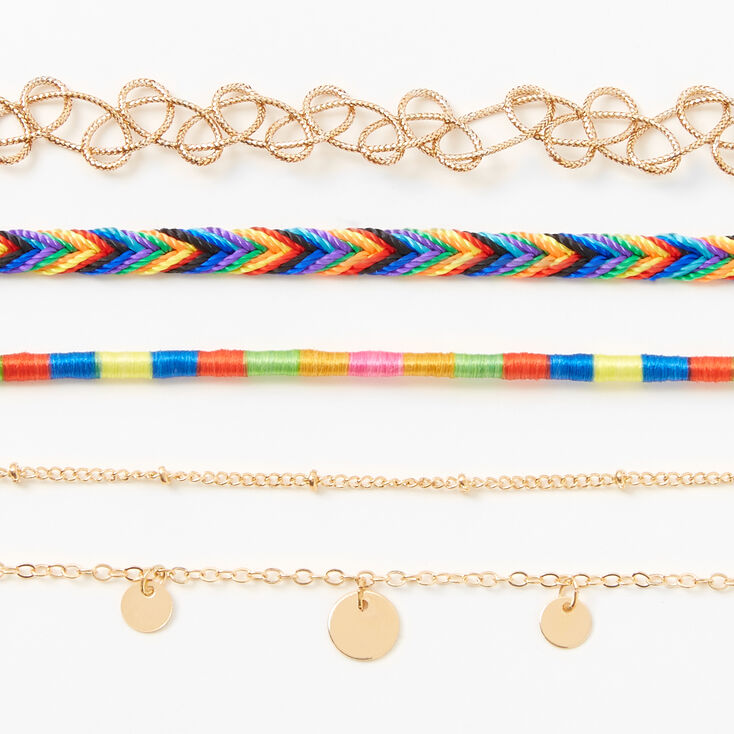 Gold Rainbow Disc Mixed Choker Necklaces - 5 Pack,
