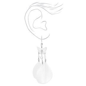 Silver Butterfly 3&quot; White Feather Drop Earrings,