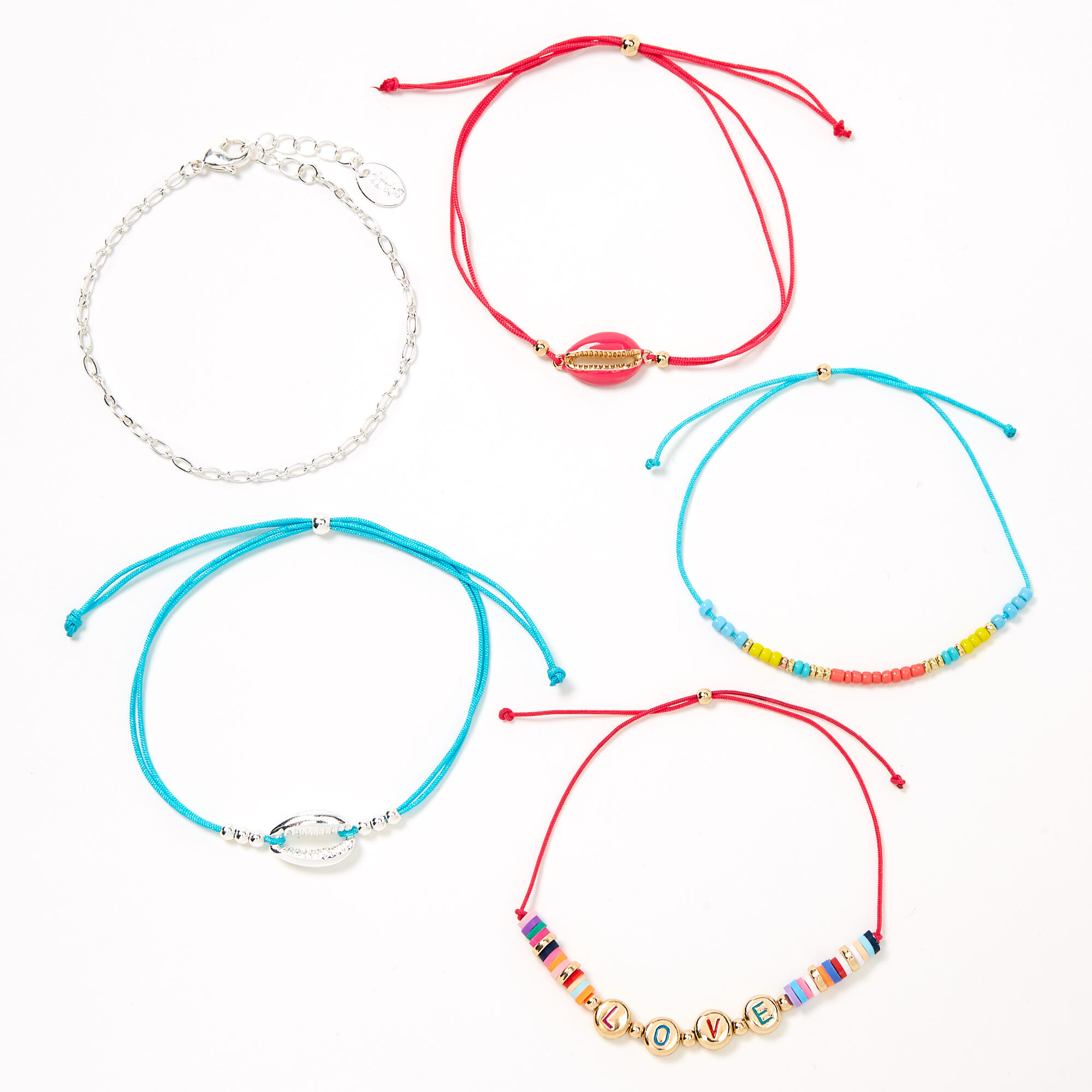 Rainbow Love Cowrie Shell Adjustable Bracelets - 5 Pack,