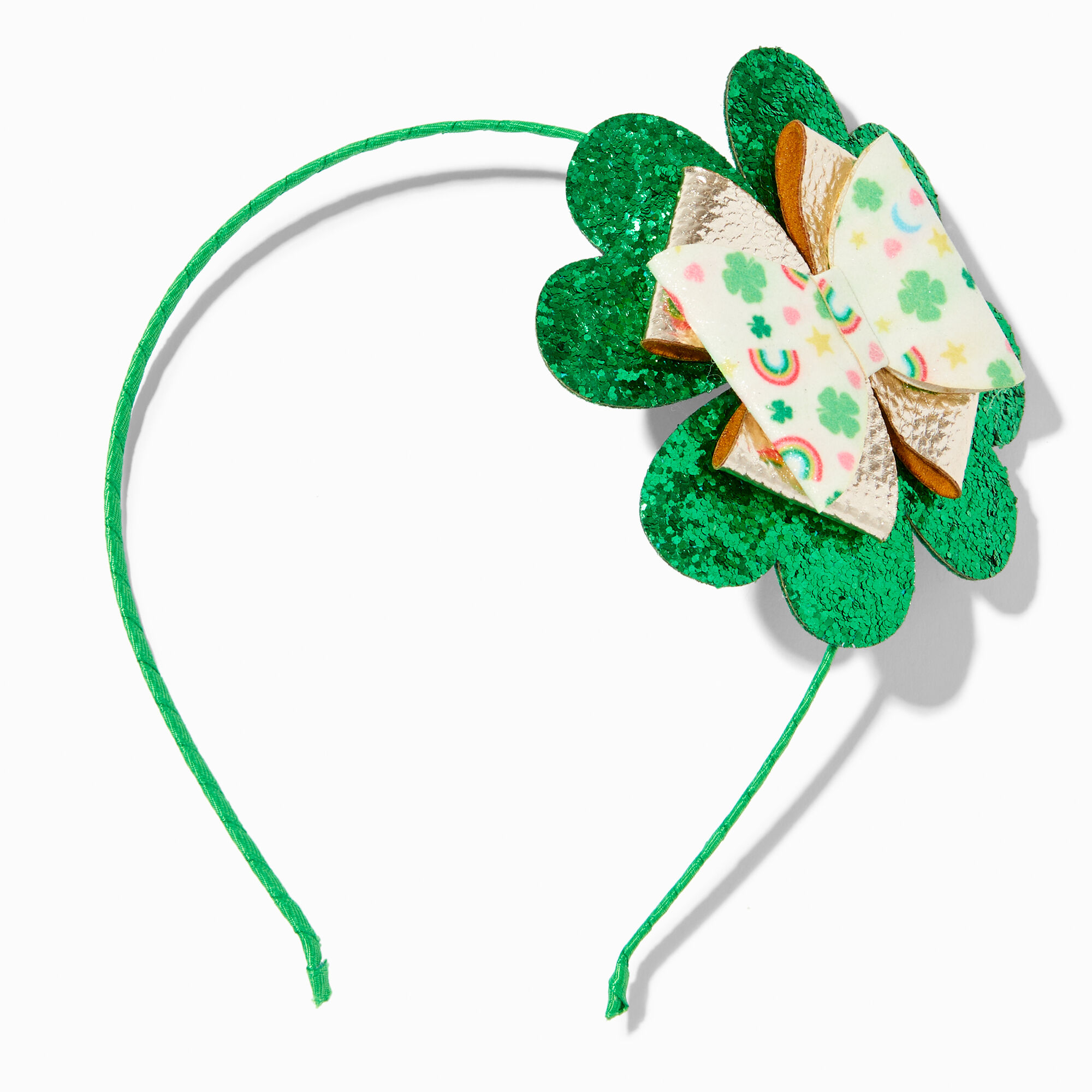 View Claires St Patricks Day Sequin Shamrock Bow Headband Gold information