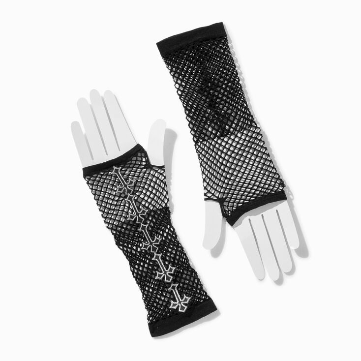 Claire's Gothic Cross Fishnet Fingerless Gloves | Black