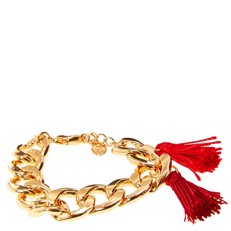 Gold Chain Link with Red Tassels Bracelet,