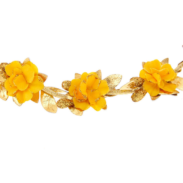 Couronne de fleurs jaune moutarde couleur dor&eacute;,