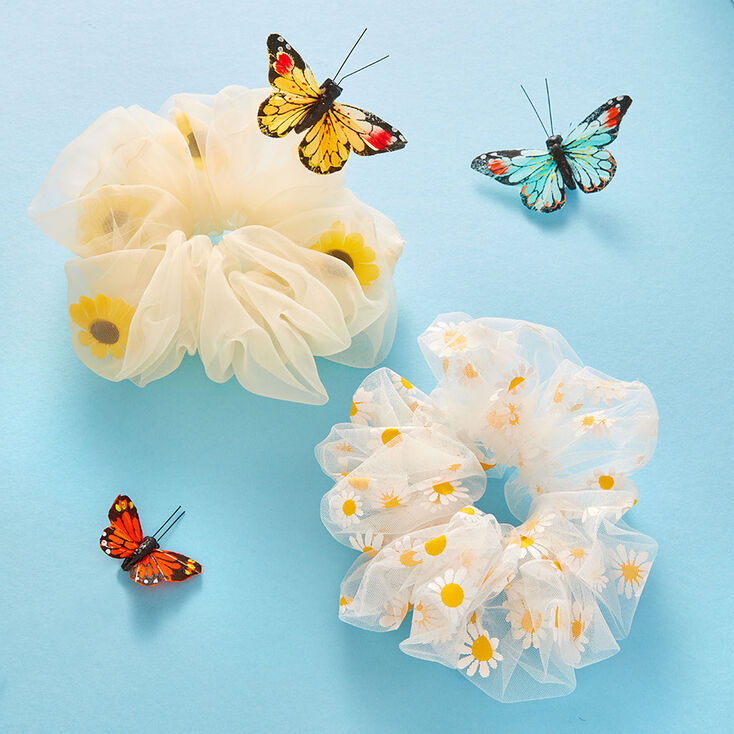 Giant Sheer Mesh Daisy Hair Scrunchie - White,