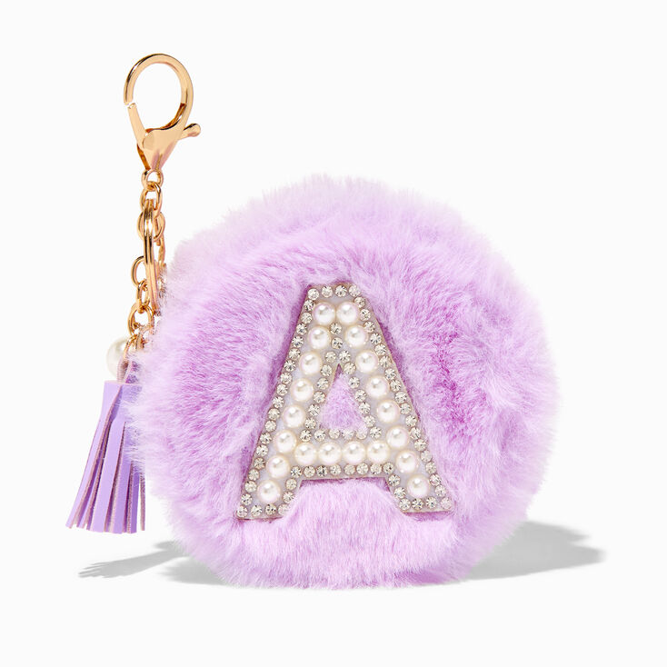 Purple Furry Pearl Initial Coin Purse Keychain - A,