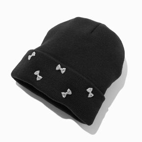 Rhinestone Bow Black Beanie Hat,