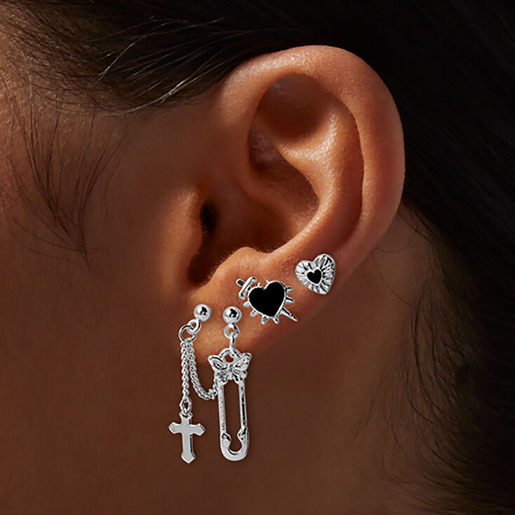 Boucles d&rsquo;oreilles superposables grunge &eacute;pingle &agrave; nourrice couleur argent&eacute;e - Lot de 6,
