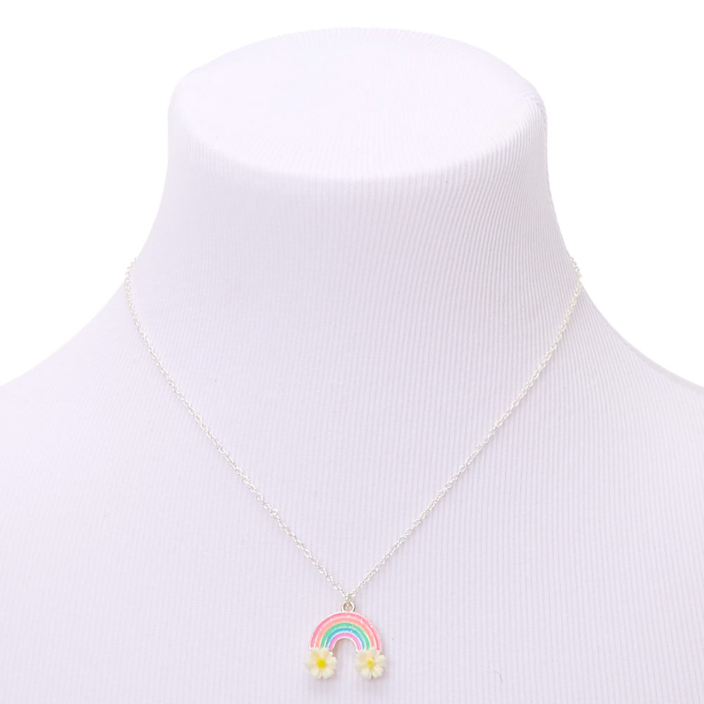 Silver Flower Rainbow Pendant Necklace,
