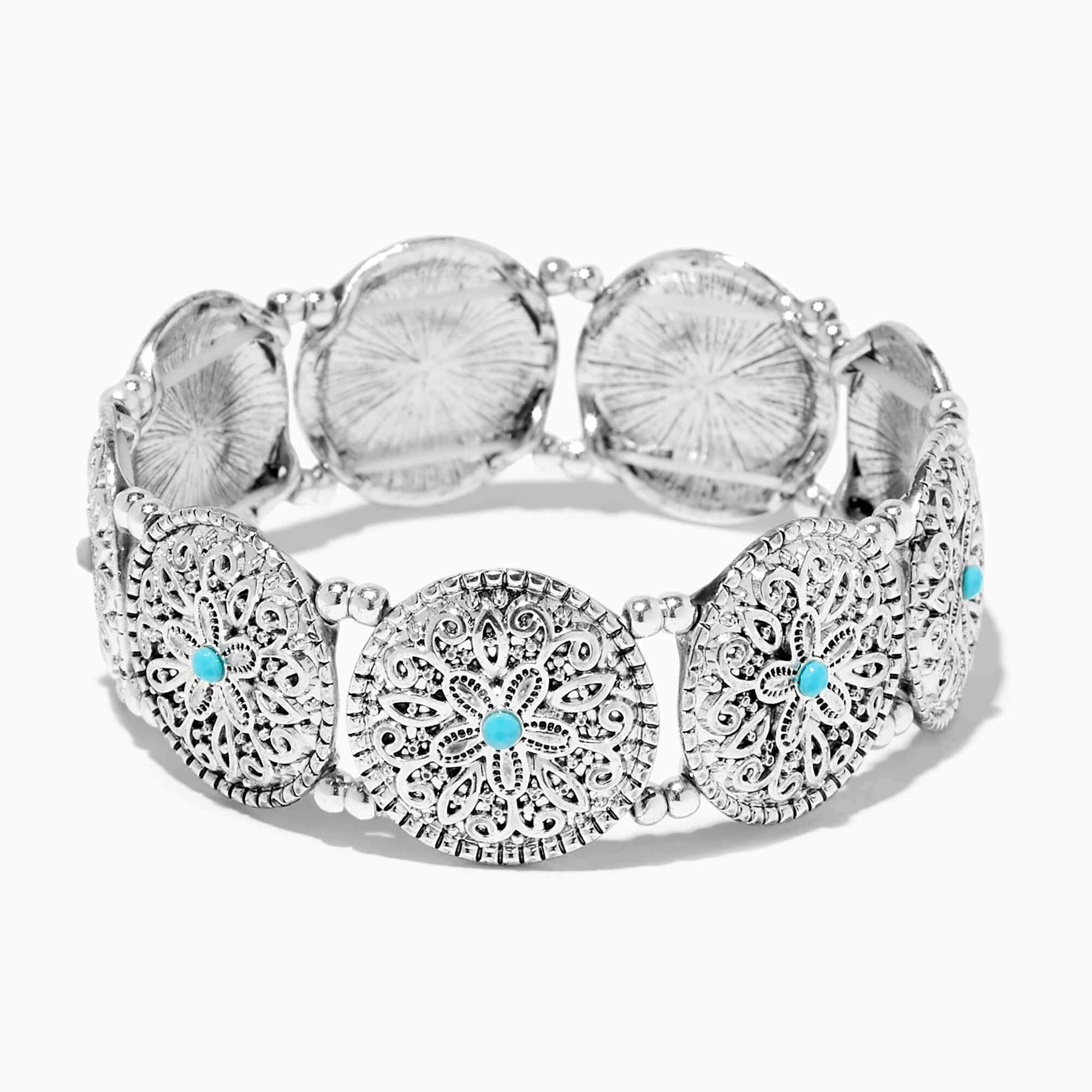 View Claires SilverTone Filigree Medallion Stretch Bracelet Turquoise information
