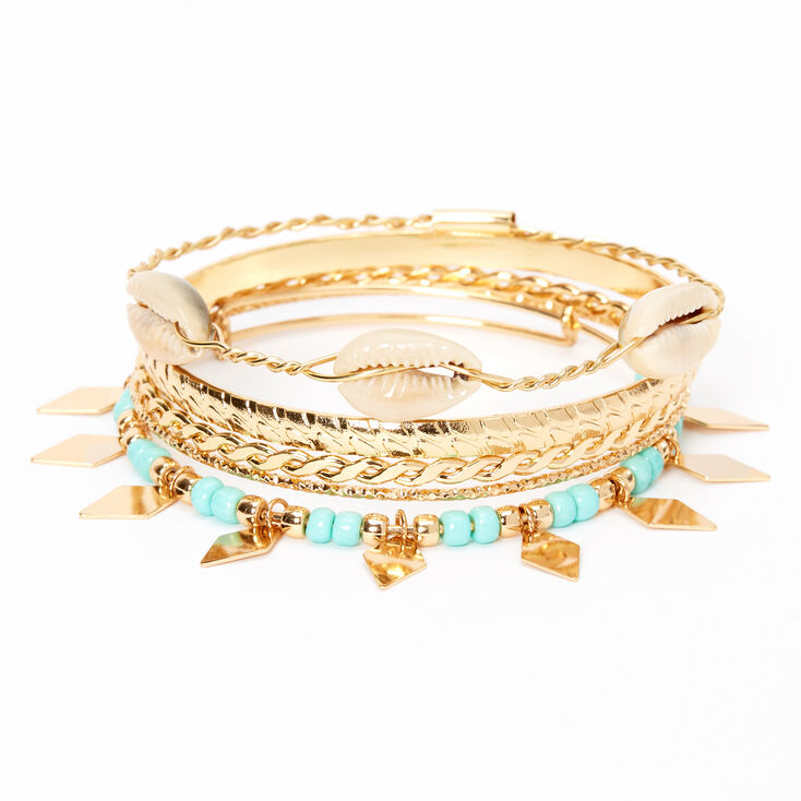 Gold Cowrie Shell Beaded Bangle Bracelets - Turquoise, 5 Pack,