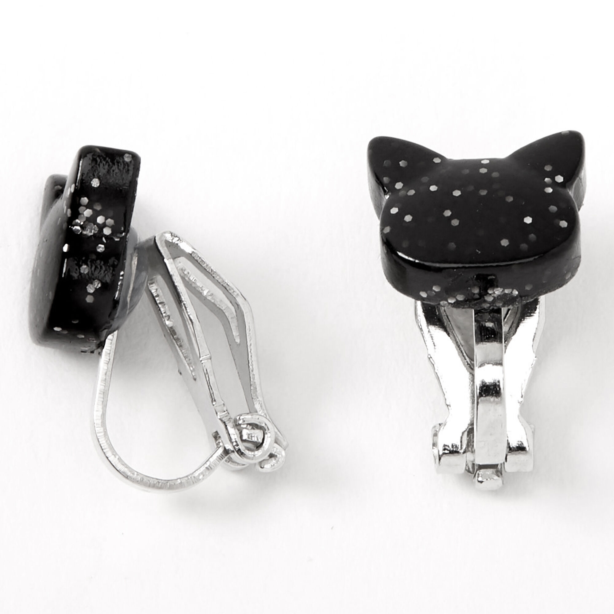 Silver Glitter Cat Clip On Stud Earrings Black