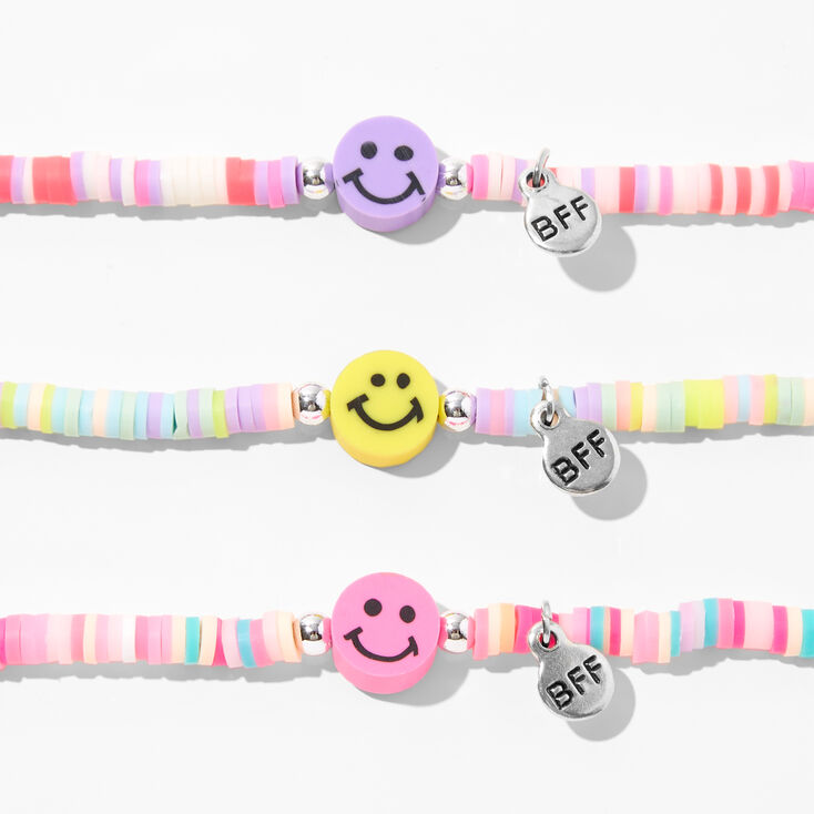 Claire's Tween Girls' Best Friends Rainbow Disc Happy Face Charm Stretch Bracelets, 3 Pack, 52412, Girl's, Size: One size, Grey Type