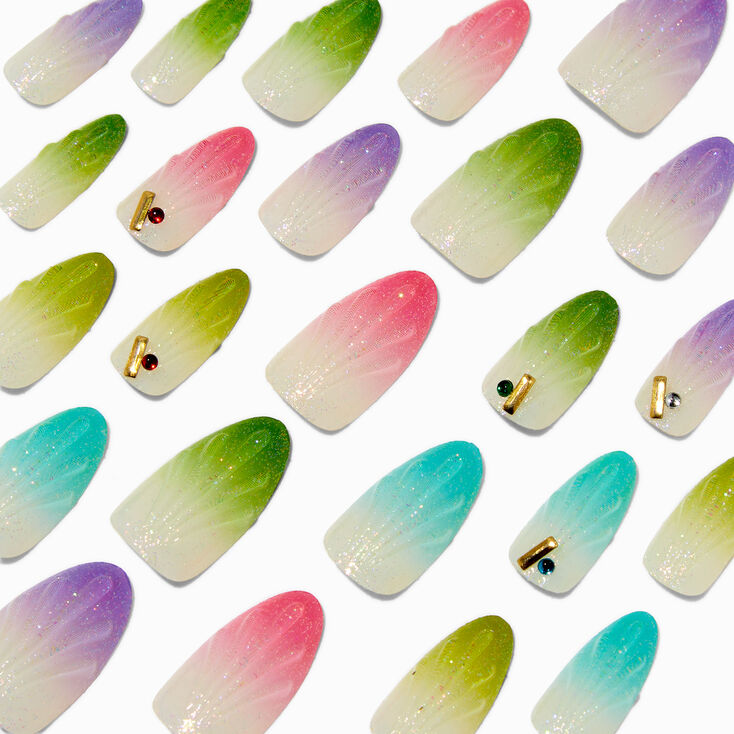 Holographic Seashell Long Almond Vegan Faux Nail Set - 24 Pack,