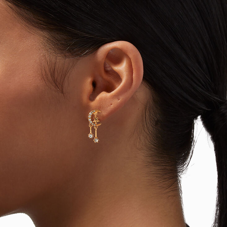 Gold-tone Crescent Moon Star Dangle Clip-On Earrings,