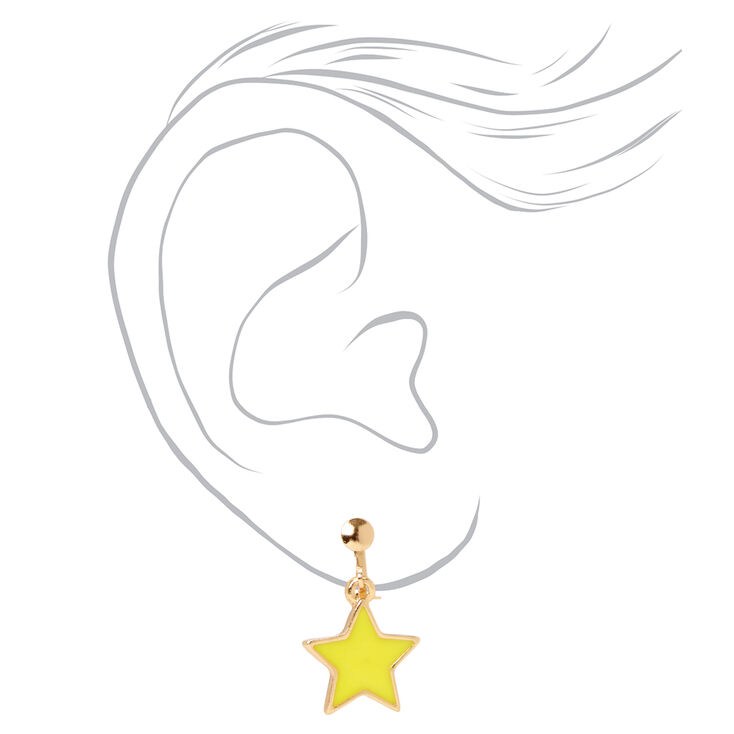Yellow Star 1&quot; Clip On Drop Earrings,
