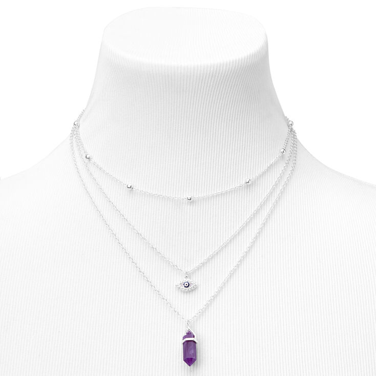 Purple Crystal Celestial Multi Strand Silver Chain Necklace,