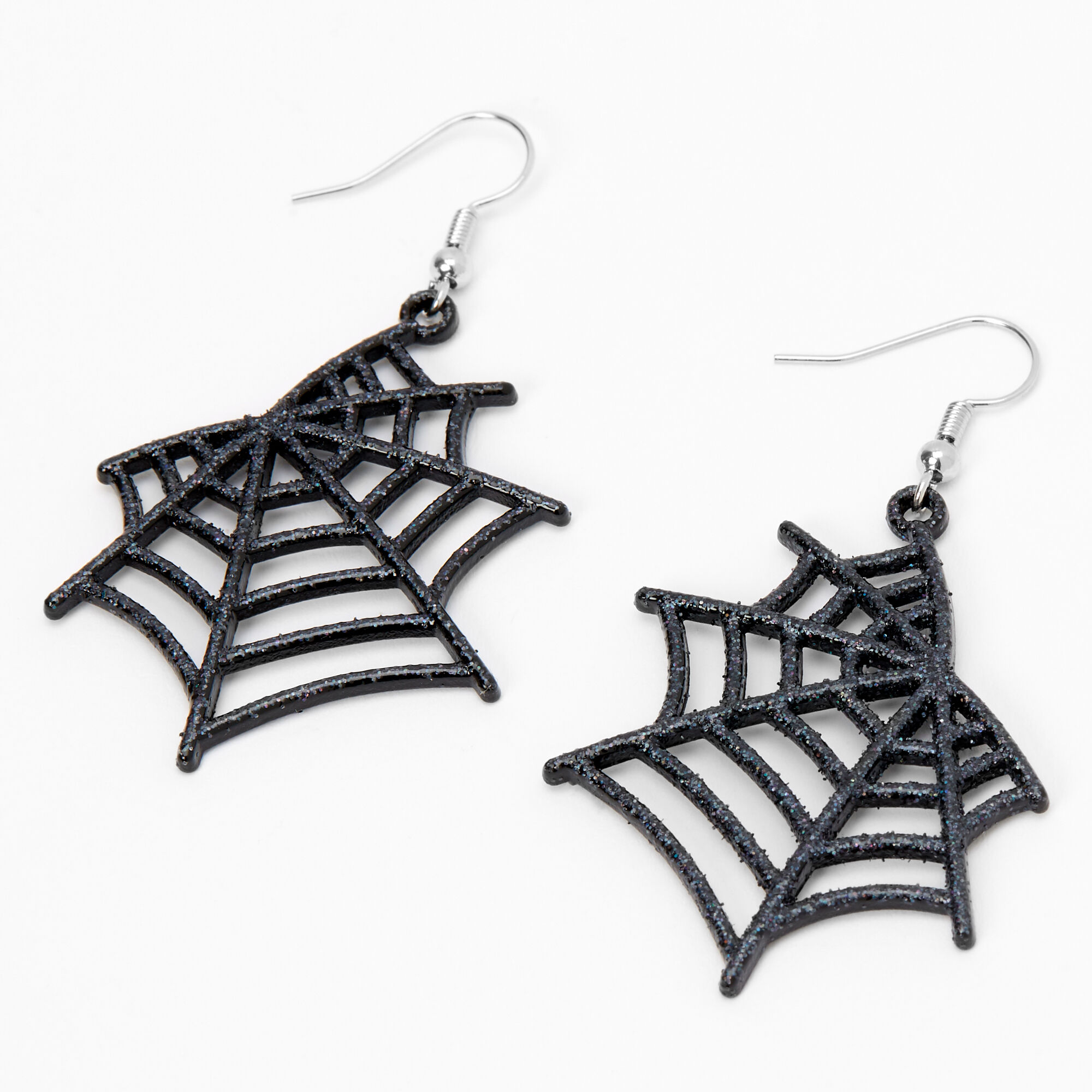 Silver 1.5" Glitter Spider Web Drop Earrings - Black,