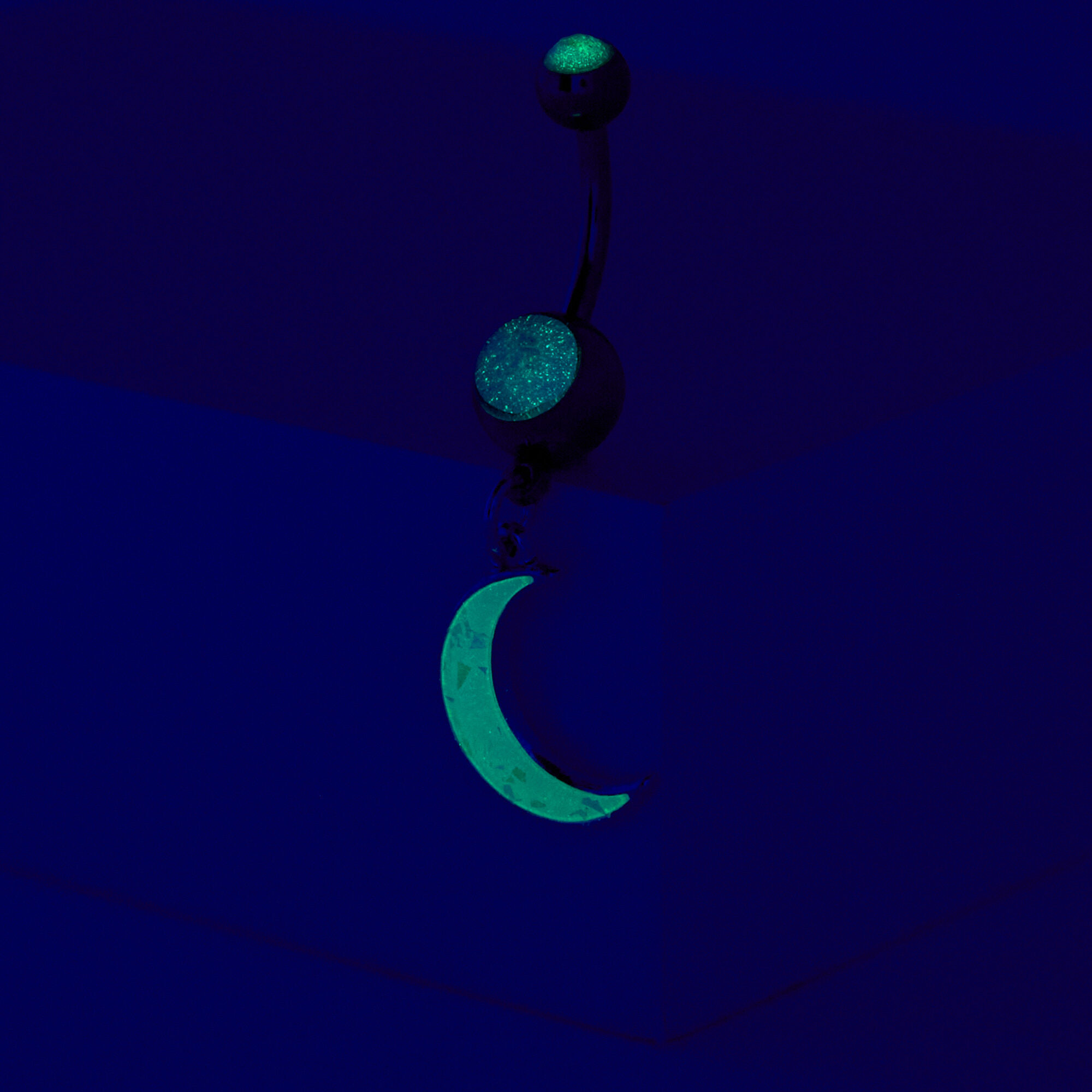 Glow in the Dark Glitter Moon 14G Silver Belly Ring,