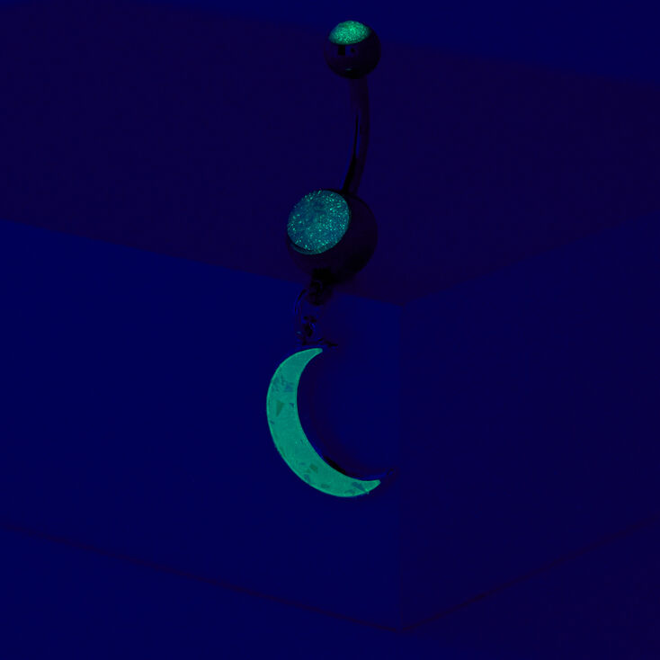 Glow in the Dark Glitter Moon 14G Silver Belly Ring,