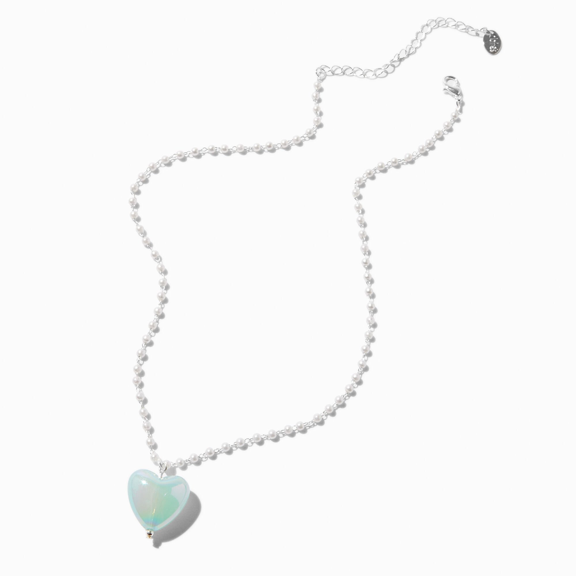 Iridescent Heart Pearl Chain Pendant Necklace,