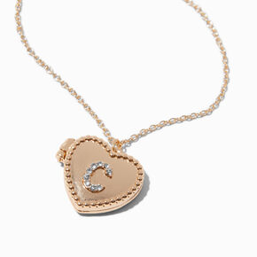 Gold-tone Heart Crystal Initial Locket Pendant Necklace - C,