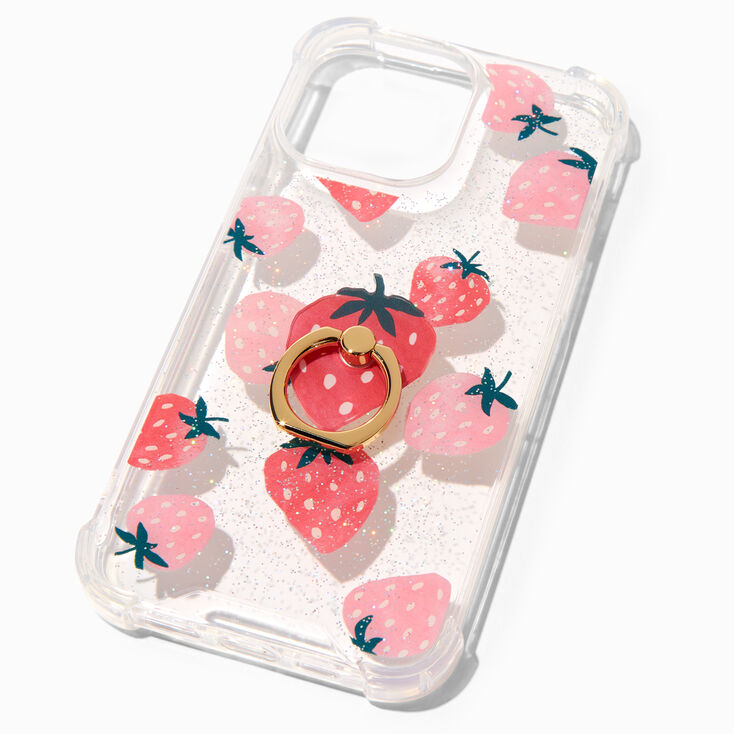 Strawberry Glitter Ring Holder Protective Phone Case - Fits iPhone&reg; 14 Pro Max,